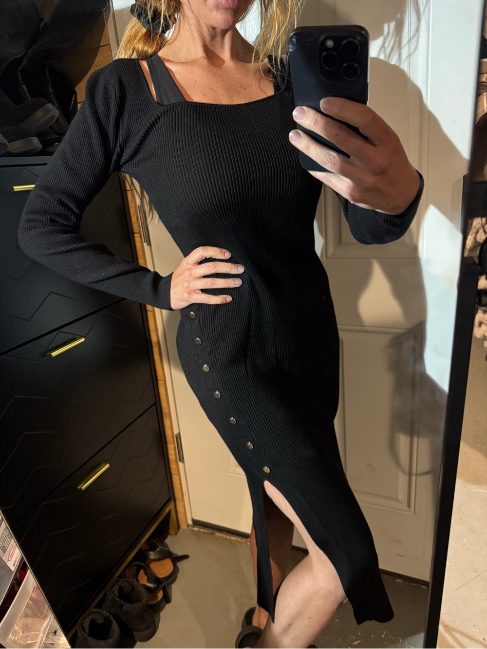 by & by Black Ribbed Long-Sleeve Knit Dress with Side Button Detail